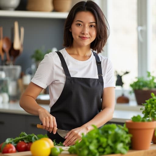 20대 후반의 중동계 여성이 편안한 티셔츠와 앞치마를 착용하고 요리하는 모습을 반신 촬영으로 담았습니다. 그녀는 밝고 깔끔한 요리 교실에서 식재료를 손질하며 자신감 넘치는 표정을 지으며 전문성을 발휘하고 있습니다. 활기차고 영감을 주는 분위기가 느껴집니다.