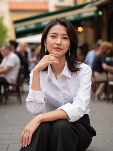 분주한 거리의 카페 테라스에 앉아있는 20대 후반의 세련된 한국인 여성의 반신 사진. 그녀는 교차 다리로 앉아 있으며, 고급스러운 표정과 멋진 옷을 입고 다른 사람들과 네트워킹을 즐기고 있는 모습을 보여줍니다.