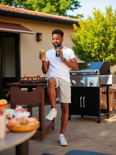 편안한 티셔츠와 반바지를 입고 음료를 들고 신발을 신는 자신감 넘치는 30대 초반의 흑인 남성이 활기찬 바베큐 장면 배경 속에서 포착된 반신 사진입니다.