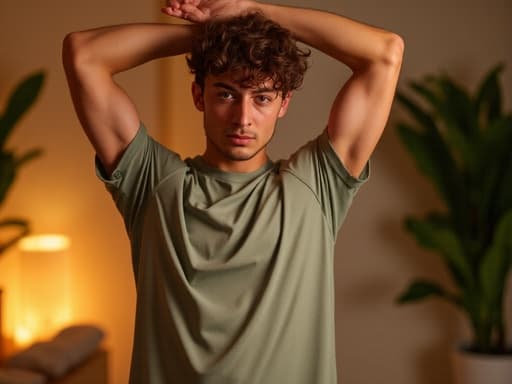 건강한 외모의 10대 후반 백인 남성이 운동복을 입고 아늑한 스파 환경에서 스트레칭 운동을 하고 있는 모습의 반신 사진을 담고 있습니다. 그의 불안한 표정은 부드러운 조명과 주변의 식물로 만들어진 편안한 분위기와 대조를 이룹니다.