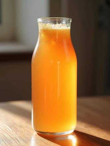 유기적 곡선이 배경에 있는 유리 주스 병, 부드러운 자연광과 섬세한 반사로 강조된 따뜻하고 매력적인 분위기, 풍부한 액체와 복잡한 세부 사항을 보여줍니다.