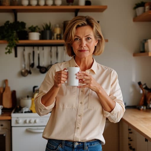 50대 초반의 백인 여성의 반신샷으로, 캐주얼한 블라우스와 청바지를 입고 한 손으로 음료를 마시고 다른 손으로 전화를 사용하며 무관심한 표정을 짓고 있는 모습이 아늑한 주방 배경 속에서 다양한 주방 용품과 함께 담겨 있습니다.
