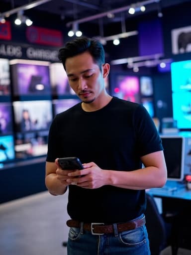 30대 초반 아시아계 남성이 모던한 블랙 티셔츠와 진을 입고 반신 사진으로 촬영되었습니다. 그는 스마트폰에 집중하며 고급스러운 표정을 짓고 있으며, 현대적인 전자 매장 안에 최신 게임기와 액세서리들이 진열되어 있습니다.