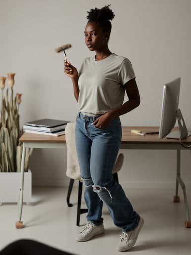 이미지는 편안한 티셔츠와 청바지를 입고 컴퓨터 모니터 앞에서 청소 도구를 들고 있는 20대 중반 아프리카계 여성의 모습입니다. 차가운 표정은 정돈된 개인 작업 공간에서의 집중력을 드러내며, 책상 위에는 노트북과 서류가 놓여 있어 생산적인 분위기를 강조합니다.