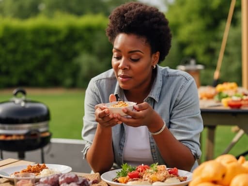 40대 초반의 흑인 여성의 반신 사진으로, 자연스러운 외모를 가진 편안한 캐주얼 의상을 착용하고 있습니다. 그녀는 손에 디저트를 들고 약간 고개를 숙이며 디저트를 먹으려다 당황한 표정을 짓고 있습니다. 배경은 바베큐장이며, 그릴과 다양한 음식들이 놓여 있어 생동감 넘치는 야외 분위기를 연출합니다. 이 장면은 즐거움과 놀라움이 담긴 순간을 포착하며, 편안한 환경에서 음식을 즐기는 기분 좋은 경험을 강조합니다.
