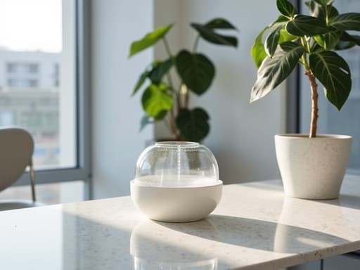 현대적인 사무실 환경에서 큰 창문을 통해 비치는 자연광과 부드러운 그림자, 미묘한 반사를 통해 고요하고 세련된 분위기를 연출하는 우아한 디퓨저.