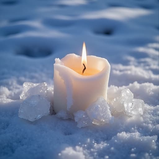 서리로 덮인 표면 위의 양초, 섬세한 왁스 질감, 주변 얼음 결정들을 비추는 따뜻한 빛, 자연적인 겨울 빛, 얼음의 미세한 반사, 부드러운 그림자, 평화롭고 아늑한 분위기.