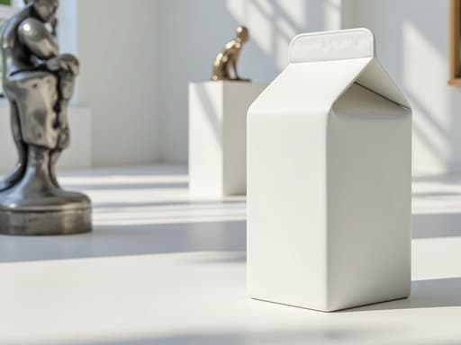 현대 미술관에 있는 우유 팩, 배경에 추상 조각상, 밝고 현대적인 분위기.