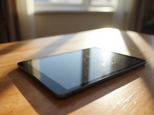 나무 테이블 위의 태블릿, 창문을 통해 들어오는 자연스러운 아침 햇살, 평화롭고 매력적인 분위기.