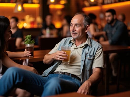 40대 초반 아시아계 남성이 자연스러운 외모로 캐주얼한 셔츠와 청바지를 입고 아늑한 바에 앉아 있습니다. 그는 음료를 손에 들고 친구와 편안하게 대화를 나누며, 다양한 음료와 사람들로 가득한 따뜻한 분위기 속에 있습니다.