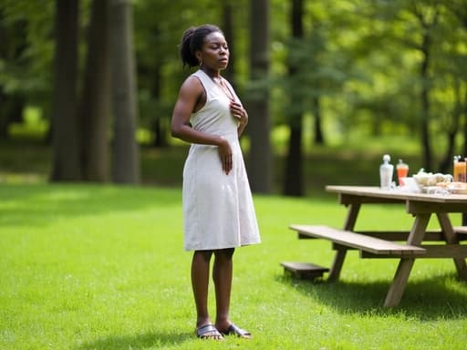 이미지는 자연스러운 외모를 지닌 30대 초반의 혼혈 여성이 캐주얼한 원피스와 편안한 샌들을 착용한 모습입니다. 그녀는 짜증난 표정을 지으며 입술을 다물고 눈썹을 찌푸린 채 음식 준비를 위해 테이블 앞에 서서 옷을 정돈하고 있습니다. 아름다운 배경은 푸른 잔디와 나무들로 둘러싸인 평화로운 피크닉 분위기를 만들어냅니다.