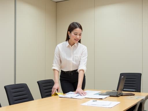 이 이미지는 30대 후반의 한국 여성이 비즈니스 캐주얼 의상을 입고 회의 테이블을 정리하며 따뜻하게 미소짓고 있는 모습을 담고 있습니다. 배경은 사무용 자료로 가득한 전문적인 회의실이며, 생산성과 협업의 분위기를 잘 나타내고 있습니다.