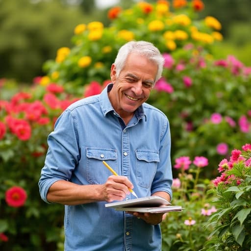 50대 초반의 유럽계 남성이 캐주얼한 셔츠와 청바지를 입고, 아름다운 꽃이 만발한 정원을 배경으로 노트에 집중하여 즐겁게 글을 쓰고 있는 모습의 반신 사진. 그의 활기찬 표정은 집중하는 순간을 반영하며, 다채로운 꽃들이 매력적인 분위기를 더해줍니다.