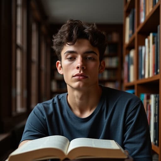 편안한 티셔츠와 청바지를 입고 조용한 도서관 바닥에 앉아 책을 바라보며 약간 의기소침한 표정을 짓고 있는 10대 후반의 유럽계 남성의 반신 사진입니다. 잘 정리된 책장이 배경으로 펼쳐져 있어, 내면의 생각에 잠긴 분위기를 더해줍니다.