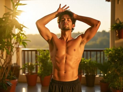 30대 초반의 라틴계 남성이 편안한 운동복과 트레이닝 팬츠를 입고 있는 반신 촬영입니다. 그는 햇살이 비치는 베란다에서 팔을 위로 올리며 스트레칭하고 있으며, 울고 있는 표정으로 복잡한 감정을 드러내고 있습니다. 주변 식물들로 둘러싸인 아늑한 환경은 따뜻하고 평온한 분위기를 만들어냅니다.