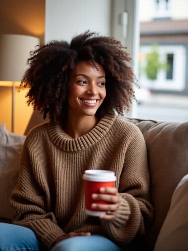 20대 후반의 혼혈 여성이 아늑한 거실의 소파에 편안하게 앉아 편안한 니트 스웨터와 청바지를 입고 커피 컵을 들고 있는 반신 샷입니다. 피곤한 표정을 짓고 있지만 따뜻한 미소가 편안함을 전합니다. 배경에는 창밖으로 보이는 거리 풍경이 아늑한 분위기를 더합니다.