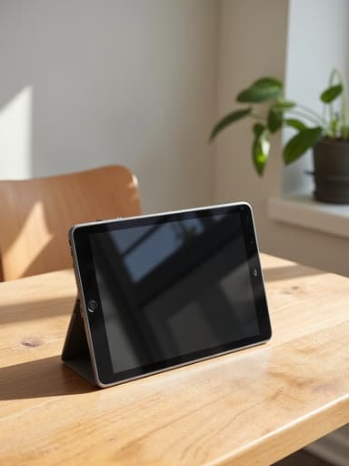 밝은 실내에 창을 통해 비치는 햇빛 아래 자연 나무 무늬 테이블 위의 태블릿, 따뜻한 분위기.