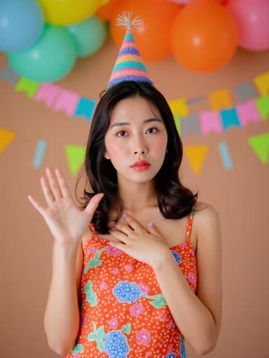 20대 중반의 동양인 여성이 화려한 생일 파티 드레스와 파티 모자를 쓰고 있는 반신 사진입니다. 그녀는 슬픈 표정을 짓고 있으며, 눈빛에 애수가 가득합니다. 한 손은 인사하는 자세로 들어 올려져 있고, 다른 손은 가슴에 가볍게 얹혀져 있습니다. 배경은 다채로운 풍선과 현수막으로 꾸며진 축제 분위기입니다.