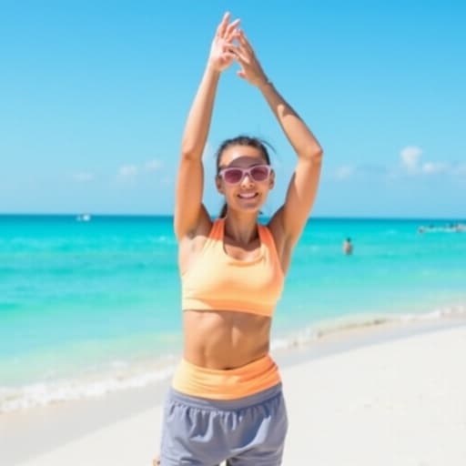 30대 초반의 중동계 여성이 여름용 운동복과 편안한 운동화를 착용하고 친근하게 미소 지으며 해변에서 팔을 위로 뻗어 스트레칭하는 모습의 반신 촬영입니다. 배경에는 푸른 바다와 하얀 모래사장이 펼쳐져 있어 평화롭고 기분 좋은 분위기를 만들어냅니다.