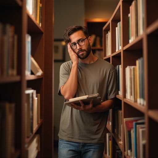 이 이미지는 30대 중반의 혼혈 남성이 캐주얼한 티셔츠와 청바지를 입고, 책을 들고 짜증난 표정을 짓고 있는 모습을 담고 있습니다. 그는 조용한 도서관의 서가 사이에서 다른 책을 고르기 위해 고개를 갸우뚱하며, 생각에 잠기면서도 불만을 가진 듯한 분위기를 연출합니다.