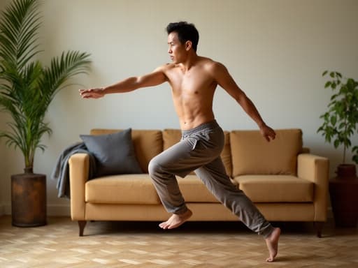 40대 초반의 아시아계 남성이 놀란 표정과 호기심 가득한 눈빛을 지으며 아늑한 거실에서 요가를 하는 반신 사진. 편안한 요가복을 입고 균형을 잡으며 요가 자세를 취하고 있으며, 부드러운 조명이 편안한 분위기를 돋보이게 합니다.