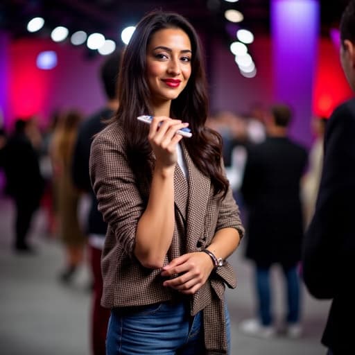 20대 후반의 혼혈 여성의 반신 촬영, 자연스러운 아름다움과 따뜻한 미소를 발산하며, 트렌디한 체크 무늬 자켓과 청바지를 입고 패션쇼에서 노트를 작성하는 모습, 화려한 조명과 에너지가 넘치는 관중이 있는 배경에서 촬영되었습니다.