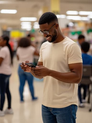 30대 후반의 흑인 남성이 반신 샷으로 포착되어 있으며, 캐주얼한 티셔츠와 청바지, 운동화를 착용하고 있습니다. 그는 스마트폰으로 쇼핑 목록을 확인하며 긍정적인 미소를 짓고 있습니다. 배경에는 다양한 사람들이 활동하고 있는 활기찬 커뮤니티 센터가 있어, 커뮤니티 상호작용과 현대적 라이프스타일의 분위기를 강조합니다.
