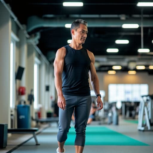 50대 초반의 동양인 남성이 세련된 운동복과 운동화를 착용하고 실내 운동장에서 고민하는 표정을 지으며 운동장 바닥을 바라보며 걷고 있는 모습의 반신 사진. 주변에는 다양한 운동 기구와 트랙이 있어 피트니스와 개인적 성찰의 주제를 강조합니다.