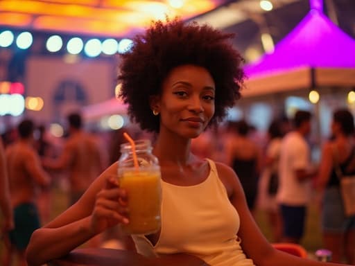 50대 초반의 자연스러운 외모를 가진 흑인 여성이 편안한 여름 원피스를 입고 다리를 뻗고 앉아 있으며, 음료를 들고 차분한 표정을 짓고 있습니다. 다양한 색상의 조명과 사람들로 가득한 축제장에서 여유롭고 즐거운 분위기를 자아내고 있습니다.