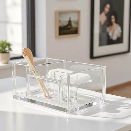 현대 미술관에 있는 미니멀한 아크릴 정리함, 현대적이고 우아한