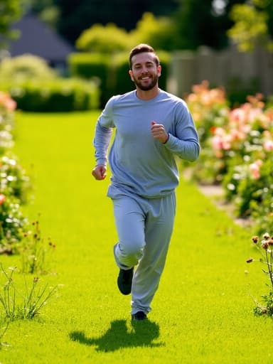 편안한 운동복을 입고 자연스럽게 달리고 있는 30대 중반의 백인 남성의 전신 사진, 푸른 잔디와 만개한 꽃들이 있는 생기 넘치는 정원 배경 속에서 편안한 표정을 지으며 활기차고 차분한 라이프스타일을 강조합니다.