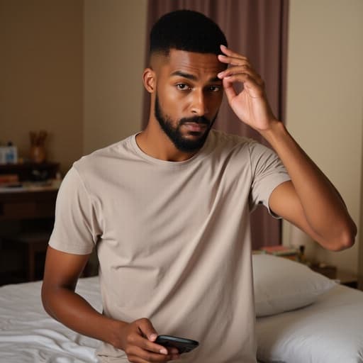 20대 후반의 혼혈 남성이 캐주얼한 티셔츠와 편안한 바지를 입고, 전화기를 귀에 대고 약간 당황한 표정으로 머리를 긁적이며 반신을 촬영한 모습입니다. 배경의 아늑한 침실에는 침대와 책상이 보이면서 따뜻하고 초대하는 분위기를 더해줍니다.