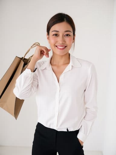 20대 후반의 유럽계 여성이 행복하게 미소 지으며 쇼핑백을 들고 있는 반신 촬영, 모던하고 세련된 패션 의상을 입고, 깔끔하고 현대적인 스튜디오 배경에서 쇼핑의 즐거움을 강조하고 있습니다.