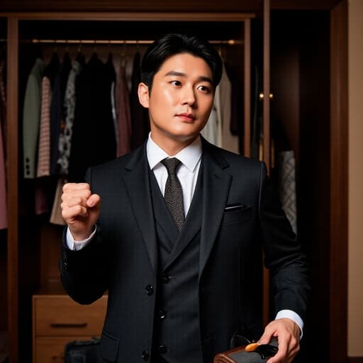 세련된 정장을 입은 30대 중반의 동양인 남성이 다양한 의상이 진열된 옷장에서 액세서리를 자신감 있게 선택하는 반신 사진입니다. 그의 자신감 있는 표정과 우아한 포즈는 고급스러운 환경을 잘 보여주어 세련된 분위기를 만들어냅니다.