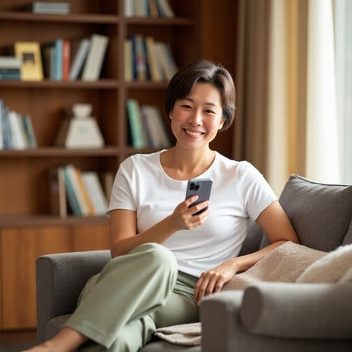 50대 초반의 한국인 여성이 자연스러운 외모로 아늑한 거실의 소파에 편안하게 앉아 있습니다. 그녀는 면 티셔츠와 여유로운 바지를 입고 있으며, 편안하고 여유로운 미소를 짓고 있습니다. 손에는 스마트폰을 들고 쇼핑 웹사이트를 보고 있어, 집에서의 여유롭고 즐거운 순간을 보여줍니다. 주변에는 책장이 있어 아늑한 분위기를 더해주고 있습니다.