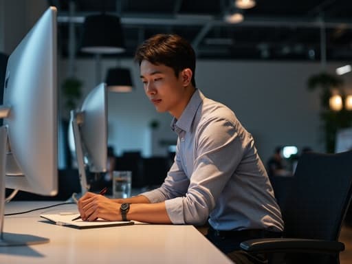 30대 초반 아시아계 남성이 스타일리시한 셔츠와 바지를 입고 사무실 환경의 책상에 앉아 있습니다. 그는 노트에 집중하며 무표정을 짓고 있습니다. 배경에는 컴퓨터와 사무용품이 있어 그의 업무 집중력을 더욱 돋보이게 하는 전문적인 분위기를 생성합니다.