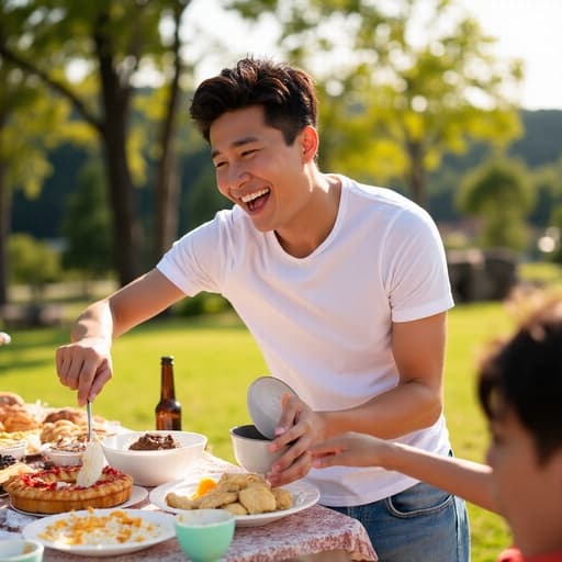 햇볕이 잘 드는 야외 테이블에서 다양한 파티 음식을 청소하며 미소짓고 있는 20대 후반 한국 남성의 반신 사진. 즐거운 분위기를 자아내는 색색의 요리들로 둘러싸여 있습니다.