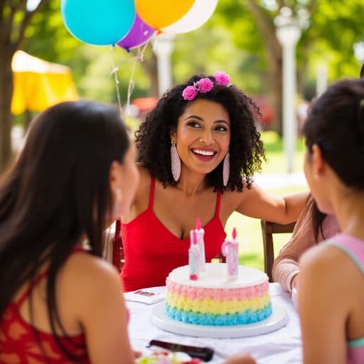 햇살이 비추는 공원에서 화려한 생일 드레스를 입고 장식된 테이블에 앉아 있는 30대 중반의 라틴계 여성의 반신을 담은 활기찬 모습으로, 친구들과 함께 케이크를 바라보며 웃고 있는 장면을 포착하여 생일 축하의 즐거운 분위기를 전달합니다.