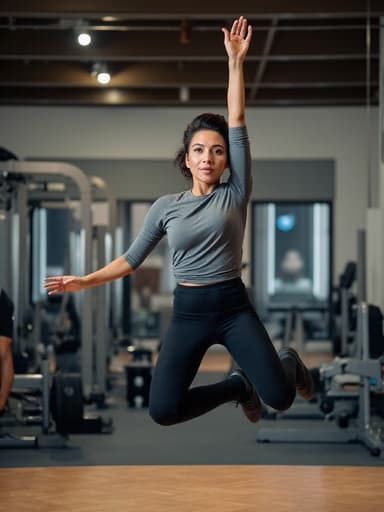 30대 중반의 혼혈 여성이 긴 소매 운동복과 레깅스를 착용하고 점프하는 모습으로, 무관심한 표정을 지으며 실내 운동장에서 다양한 운동 기구와 함께 촬영된 전체 신체 사진으로, 피트니스와 활동의 주제를 강조합니다.