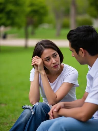 30대 초반의 중동계 여성의 반신 촬영, 편안한 티셔츠와 청바지를 착용하고 있으며, 친구와 대화 중 고개를 살짝 숙이며 슬픈 표정을 짓고 있습니다. 배경은 푸른 잔디밭과 나무들이 있는 평화로운 야외 환경으로, 순간의 감정적인 톤을 강조합니다.