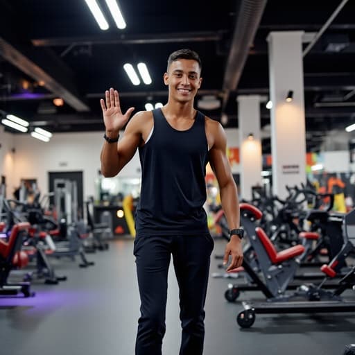 20대 초반의 라틴계 남성이 편안한 운동복을 입고, 헬스장에서 다양한 운동 기구와 밝은 조명이 있는 환경 속에서 반갑게 손을 흔들며 밝게 웃고 있는 모습이 반신 촬영으로 담겨 있습니다. 긍정적인 에너지를 발산하고 있습니다.
