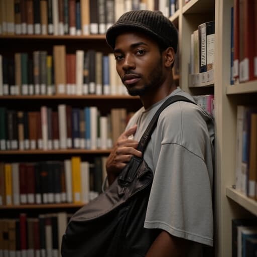 20대 후반의 흑인 남성이 캐주얼한 티셔츠와 청바지를 입고 도서관의 책장 앞에 서 있는 반신 촬영입니다. 그는 불안한 표정을 짓고 있으며, 부드러운 조명 아래에서 그 눈빛에는 흔들리는 느낌이 있습니다.