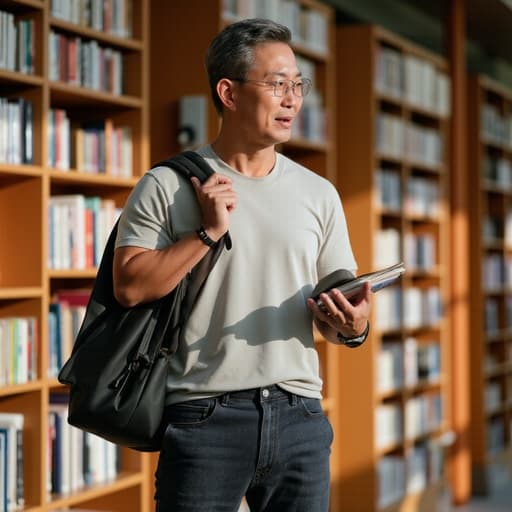 50대 초반 동양인 남성이 자연스러운 외모로 편안한 캐주얼 셔츠와 바지를 입고 있는 반신 사진입니다. 그는 약간 짜증난 표정을 지으며 한 손으로 책을 들고 어깨에 가방을 메고 있습니다. 조용한 도서관 내부에서 책장이 가득 찬 공간에 서 있는 모습으로, 사려 깊은 순간을 반영합니다.