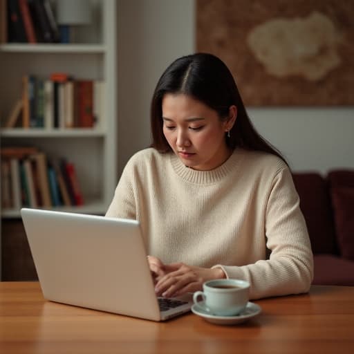 40대 초반 아시아계 여성의 반신 사진으로, 자연스러운 외모를 가지고 있으며 아늑한 거실에 앉아 있습니다. 편안한 니트와 바지를 입고, 손에는 커피 컵을 들고 테이블 위의 노트북 화면을 바라보고 있습니다. 그녀의 표정은 약간의 걱정을 드러내며 의기소침한 기분을 반영하고 있습니다. 배경에는 잘 정리된 책장과 소파가 배치되어 있어 그녀의 기분과 장면을 보완하는 따뜻하고 초대하는 분위기를 만들어냅니다.