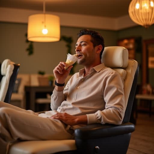 50대 초반의 자신감 넘치는 라틴계 남성이 편안한 운동복을 입고 아늑한 마사지 의자에 앉아 스트레칭을 하며 가벼운 음식을 즐기는 모습의 반신 촬영. 따뜻한 조명과 편안한 인테리어가 조화를 이루는 마사지샵 배경이 편안함과 활력을 더해줍니다.