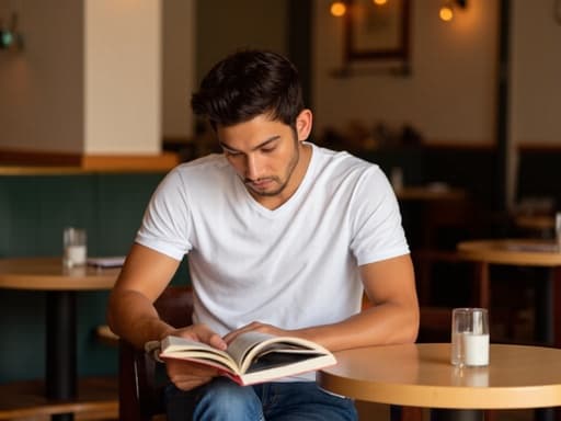 20대 초반의 라틴계 남성이 카페 테이블에 편안하게 앉아 있으며, 캐주얼한 흰색 티셔츠와 청바지를 입고 있습니다. 그는 따뜻하고 친근한 표정으로 책을 읽으며, 부드러운 조명과 아늑한 인테리어로 꾸며진 카페의 분위기 속에서 편안한 시간을 즐기고 있습니다.