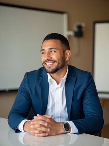 이 이미지는 30대 초반의 자신감 있는 라틴계 남성이 깔끔한 화이트 셔츠와 네이비 블루 색상의 정장 재킷을 입고 현대적인 회의 테이블에 앉아 있는 모습을 담고 있습니다. 그는 밝게 웃으며 대화에 참여하고 있으며, 손은 책상 위에 놓여져 있어 편안하면서도 전문적인 분위기를 자아냅니다. 배경은 화이트보드와 프로젝터가 있는 현대적인 회의실을 강조하여 협업의 분위기를 더합니다.