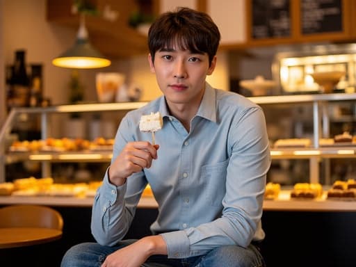 아늑한 베이커리에서 크로스 레그로 앉아 있는 20대 중반의 한국인 남성이 파티 음식을 손에 들고 자신감 넘치는 표정을 짓고 있습니다. 그는 캐주얼한 셔츠와 청바지를 입고 있으며, 다양한 빵과 디저트가 진열된 아늑한 배경이 따뜻하고 초대하는 분위기를 연출하고 있습니다.