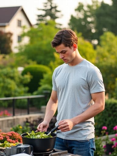 10대 후반의 유럽계 남성이 캐주얼한 티셔츠와 청바지를 입고 테라스에서 요리를 하며 불만스러운 표정을 짓고 있는 모습이 반신 촬영으로 담겨 있습니다. 그는 요리 도구를 들고 있으며, 아름다운 정원이 배경에 있어 그의 감정과 대조를 이루고 있습니다.