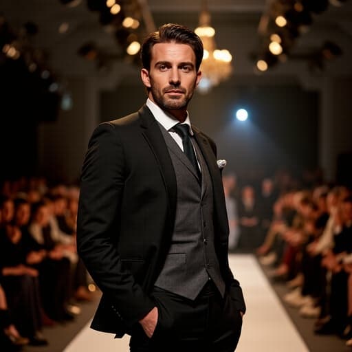 매력적인 40대 초반의 백인 남성이 세련된 정장과 우아한 액세서리를 착용하고, 화려한 패션쇼 무대에서 편안하게 스트레칭하며 매력과 자신감을 드러내고 있는 모습입니다. 관객들이 있는 배경에서 그의 매력이 더욱 빛납니다.